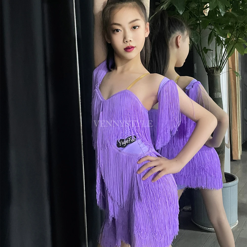 

Vennystyle Latin Dance Dress for Girls Purple Fringe Dress Practice Performance Outfit with Sequins Tassel dance costume