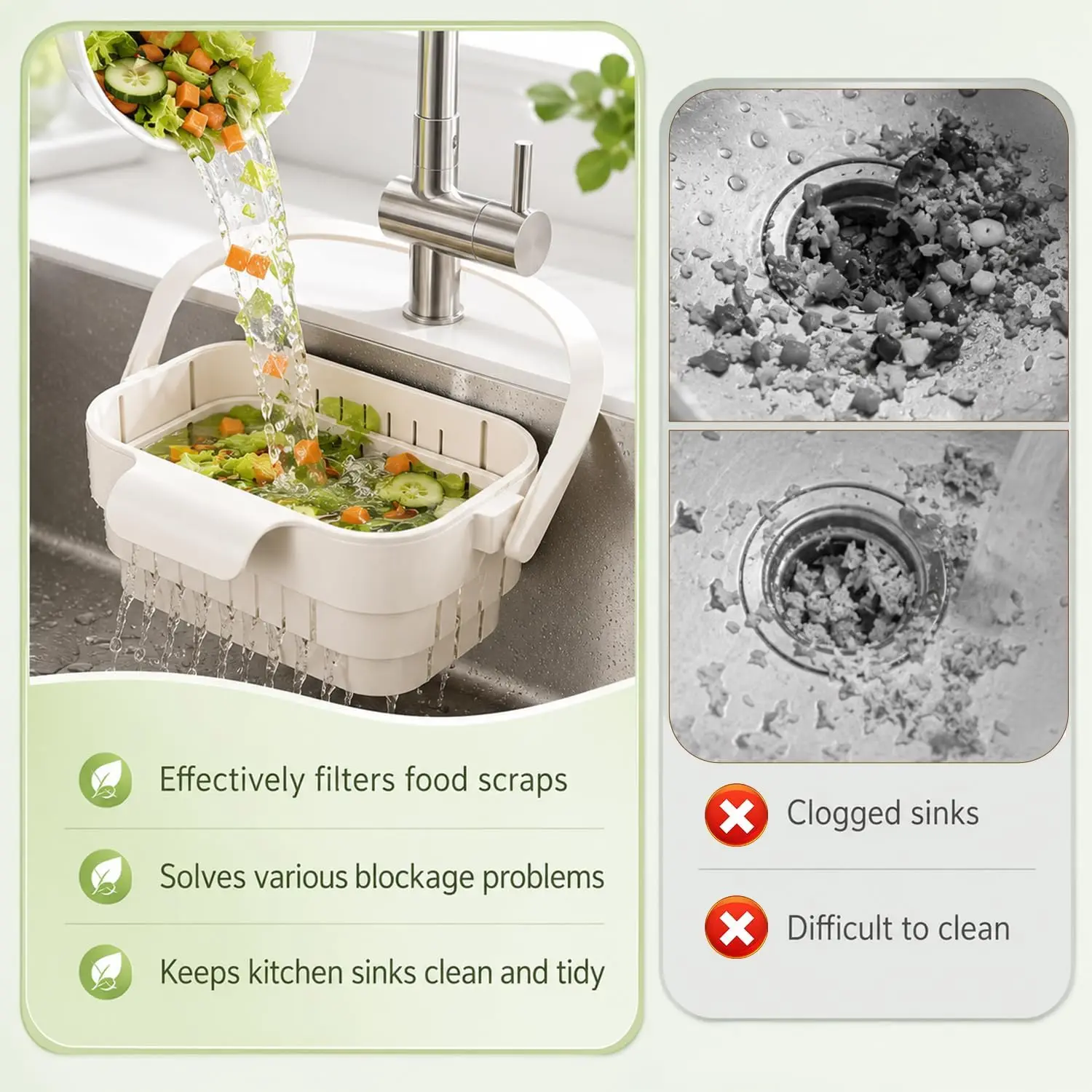 Kitchen Sink Strainer Foldable Collapsible Colander Anti-Clog Filter Food Waste Catcher No-Drill Hanging Drain Rack