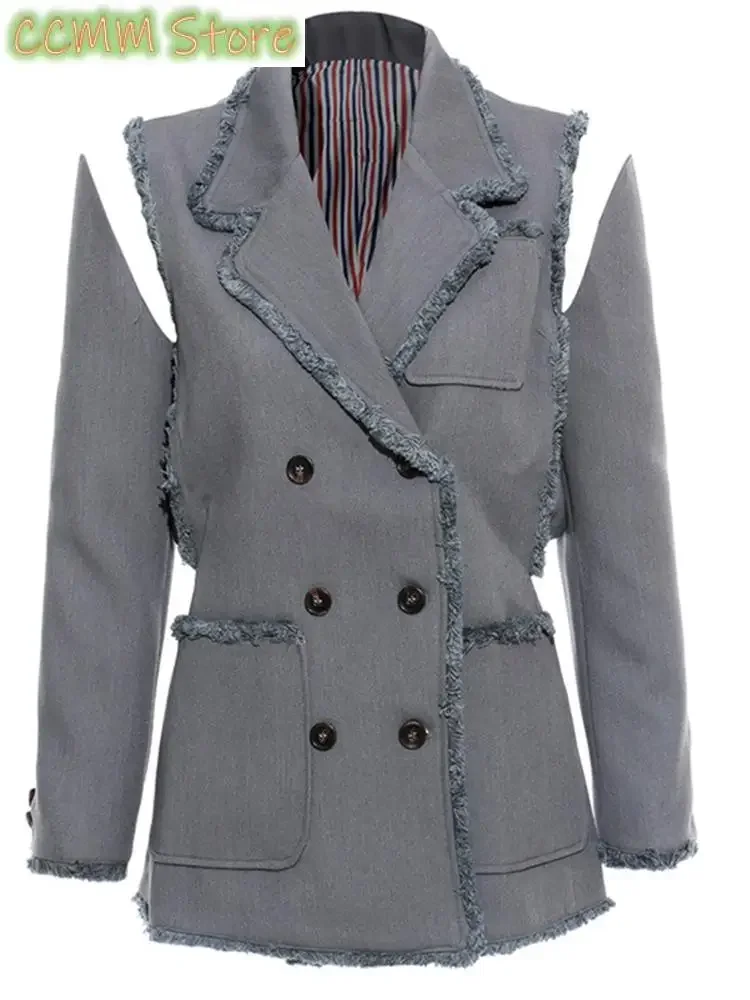 Women Two Ways Wear Tassels Striped Blazer New Lapel Long Sleeve Loose Fit Jacket Fashion Tide Spring Autumn