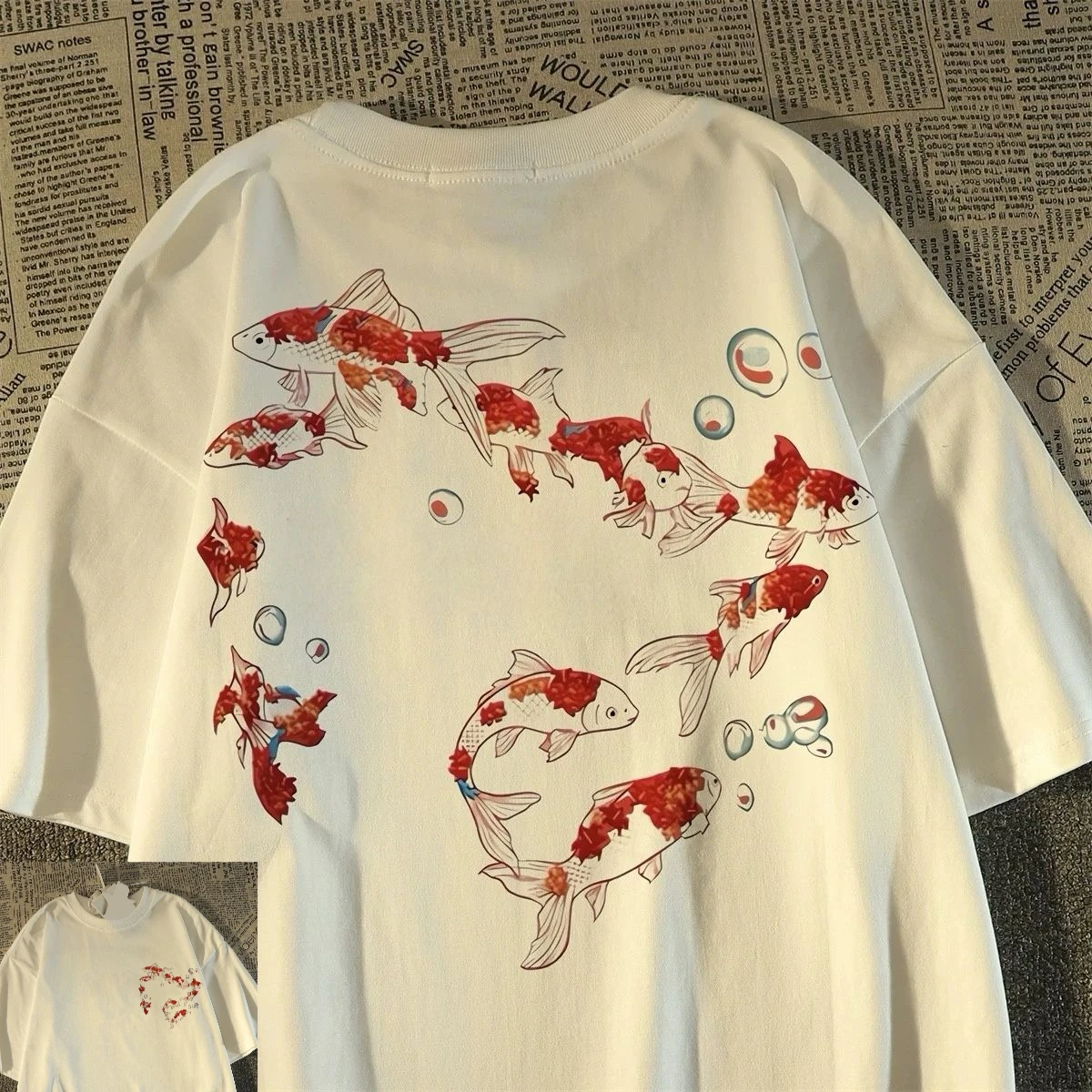 Camiseta de manga corta con estampado de algodón puro Koi de estilo chino Retro para hombres y mujeres camiseta nueva holgada de verano 2025