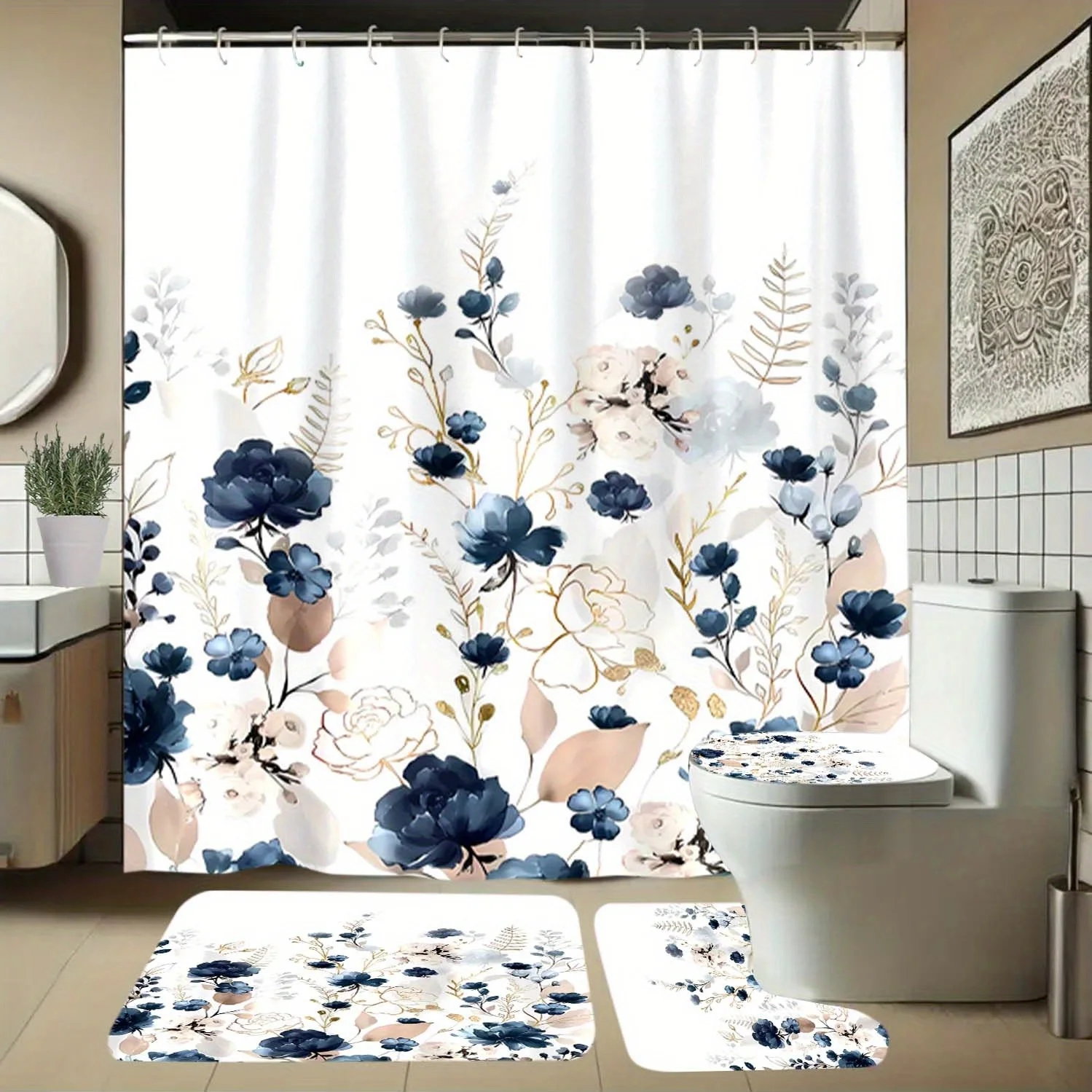 

4 Pieces Blue Floral and Leaf Pattern Shower Curtains with Hooks - Machine Washable Elegant home accessories for all seasons