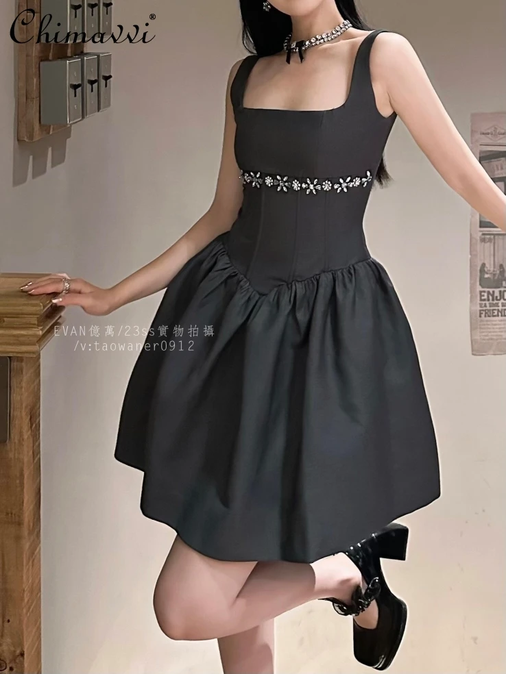 

New Sweet Girl Heavy Industry Diamond Suit Sling Dress Summer New Fashion High Waist Slimming Above Knee Party Sleeveless Dress