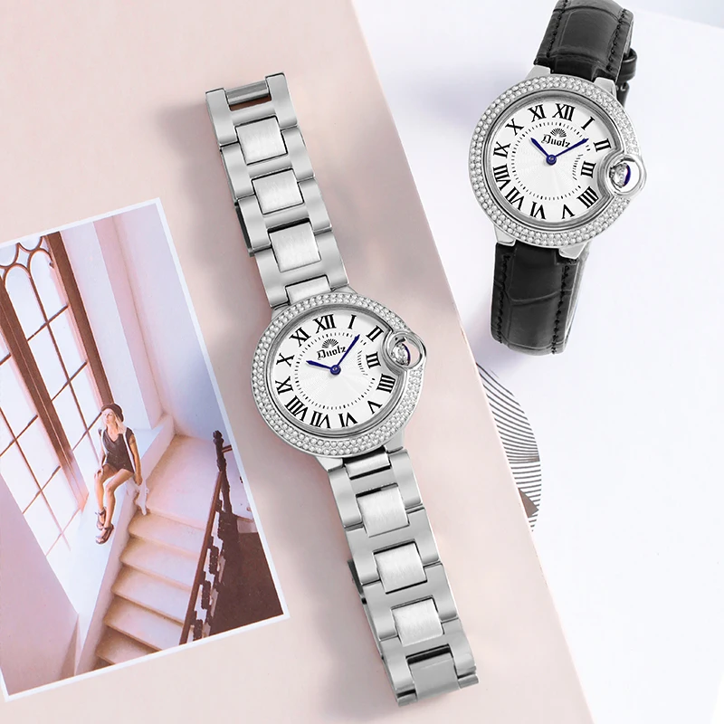 DUOLZ dvanced Roman Scale Water Diamond Steel Belt watch for women fashion quartz wristwatches