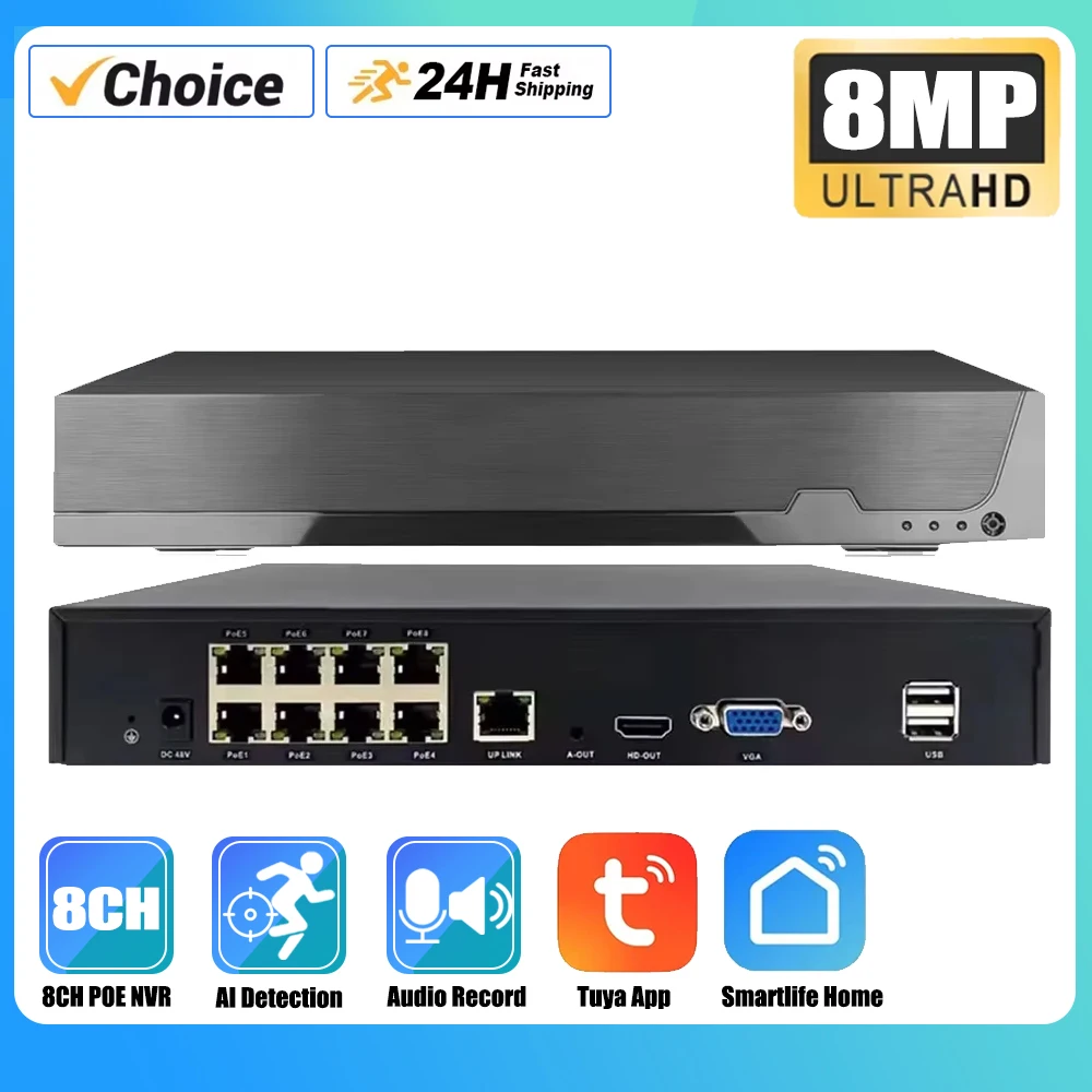 

Smart 4K 8MP Tuya Smart Life 8CH 4CH POE ONVIF NVR Видеорегистратор H.265 IP-камера Система видеонаблюдения Сеть P2P Видеонаблюдение