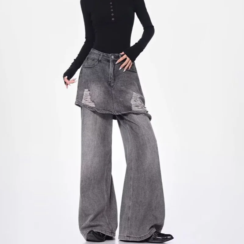 2025 Trashy Y2K Style Tierred Washed Grey Baggy Ripped New Jeans Pants For Women 90S Vintage Clothes Casual Lady Cotton Trousers