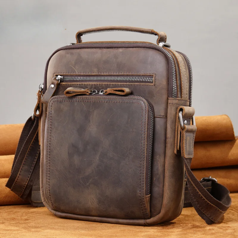 Exclusive genuine leather men's crossbody backpack for carrying on the shoulder. Men's model made from top-grade cowhide leather
