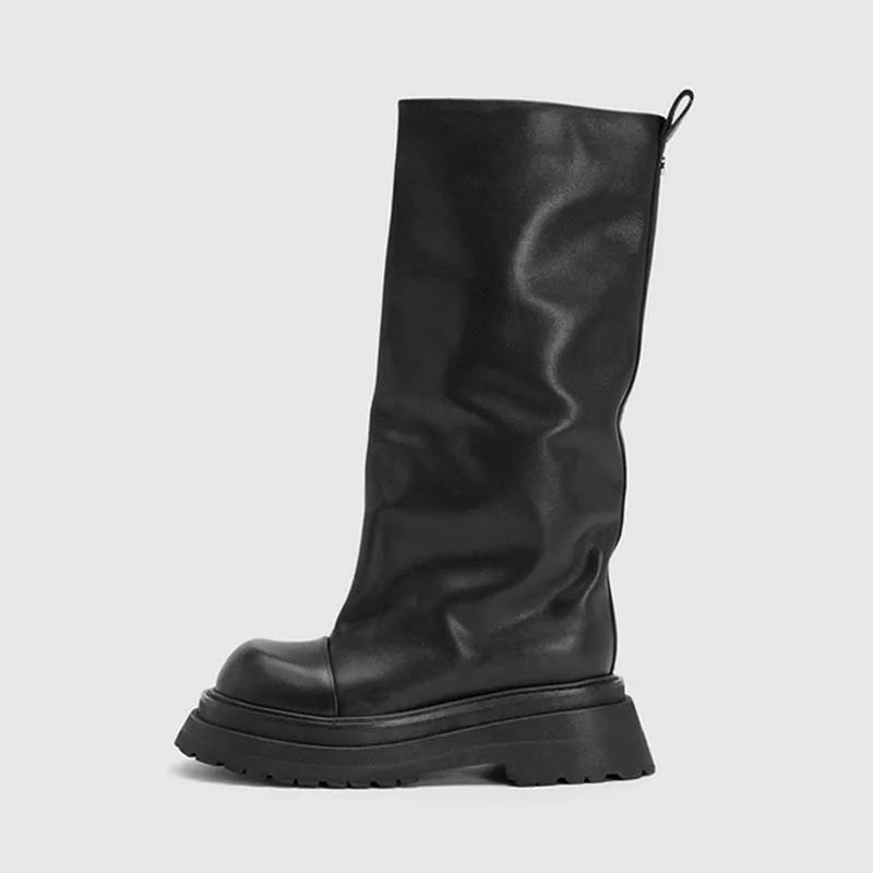 

Autumn British Round Toe Thick Bottom Slope Heel Trouser Sleeve Boots Cowhide High Sleeve Boots Mid Heel Large Sleeve Boots Wome