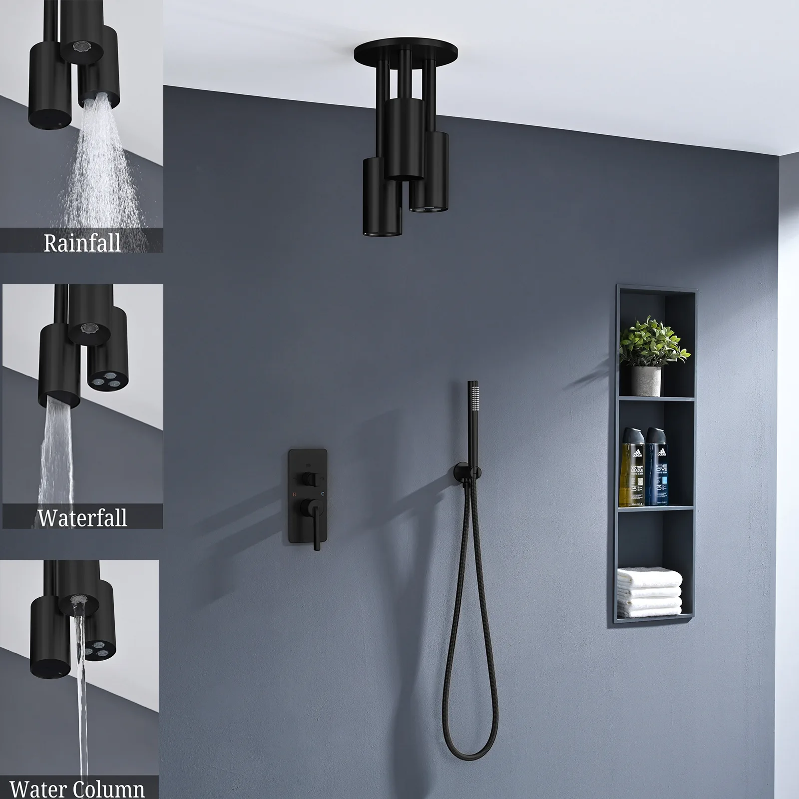 Modern Solid Copper Wall-Mounted Bathroom Rainfall Waterfall Shower Mixer Kit Hot/Cold Shower Set Multi-Spray Shower System Kit