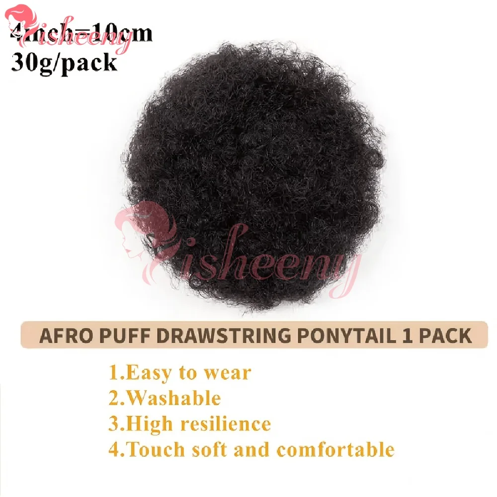 Isheeny Kinky Curly Afro Puff Drawstring Ponytail Real Human Hair Bun Breathable Stretch Mesh Net Non‑slip Clips Adjustable Strap Washable Reusable Natural Voluminous Afro Puff For Daily Party Hairstyle