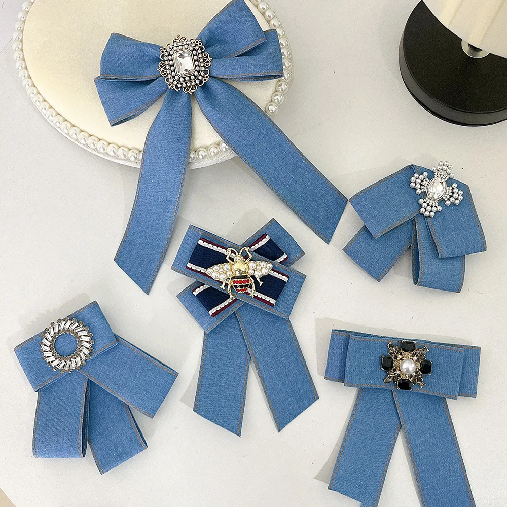 Koreanische Elegante Stoff Denim Brosche Strass Perle Biene Pins Hemd Fliege Mode Schmuck Hochzeit Party Abzeichen Zubehör – Detail 1