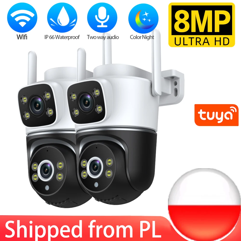 Tuya 8MP Dual lens Wifi PTZ IP Camera 4K HD Dual Screen Auto Tracking Outdoor CCTV Security Video Surveillance Camera Color nigh