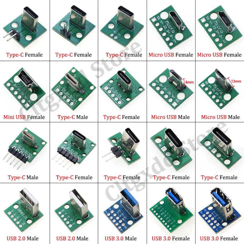 1Piece Vertical Mini Micro USB Type-C 2Pin USB 3.0 2.0 Male Female Socket Connector Data Charging Cable Jack Test Board W/ Pin