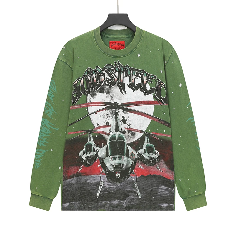 غسلها القطن Godspeed بأكمام طويلة تي شيرت كلاسيكي أسود أخضر هليكوبتر طباعة الأبيض النافثة للحبر الجولة الرقبة القمم Y2K ملابس للرجال #2