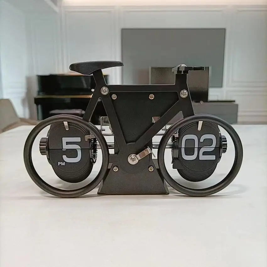 Turning Clock Bicycle Shaped Desktop Decoration Automatic Page Retro Mechanical Digital Clock Room Ornament Cycling Hobby Gifts