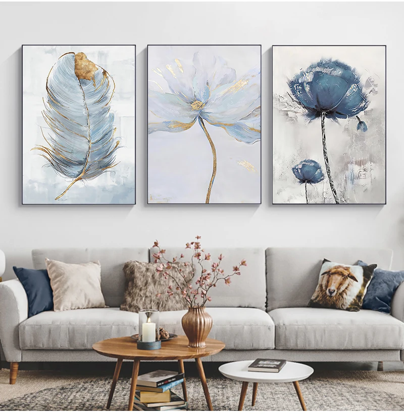 Scandinavian Flower Canvas Art Abstract Painting Print Feather Decoration Picture for Living Room Nordic Home Decor Wall Post