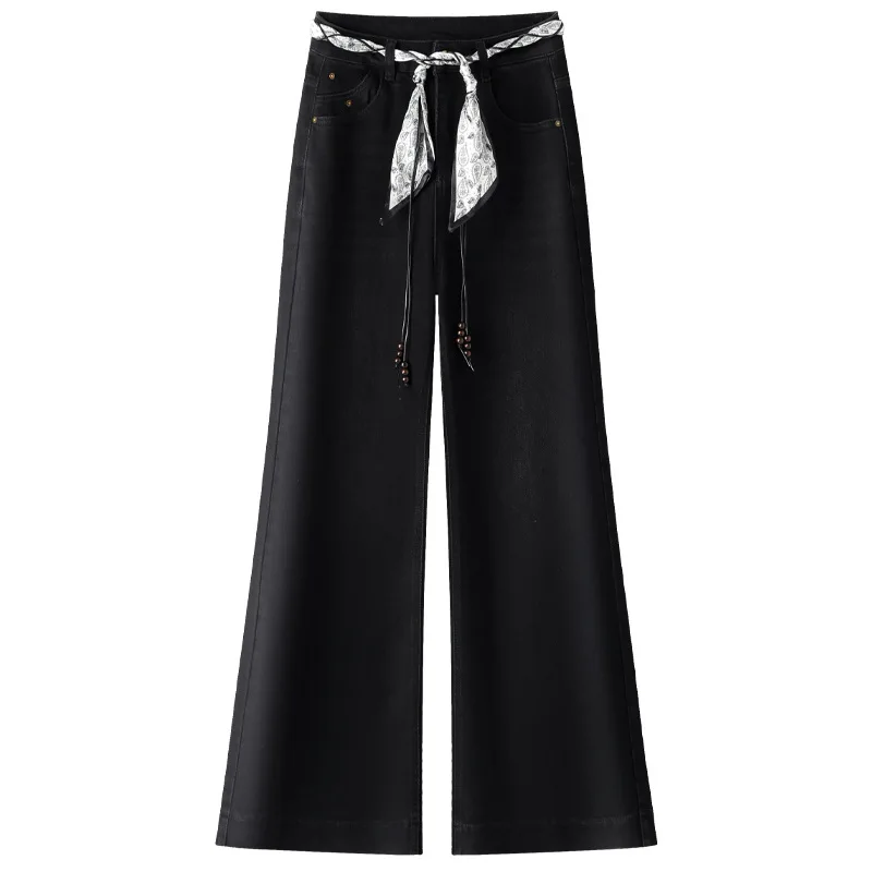 سراويل واسعة الساق متعددة الاستخدامات للنساء، سراويل خريف جديدة عالية الخصر غير رسمية فضفاضة للتخسيس من قماش الدنيم الناعم بطول الأرض عصرية