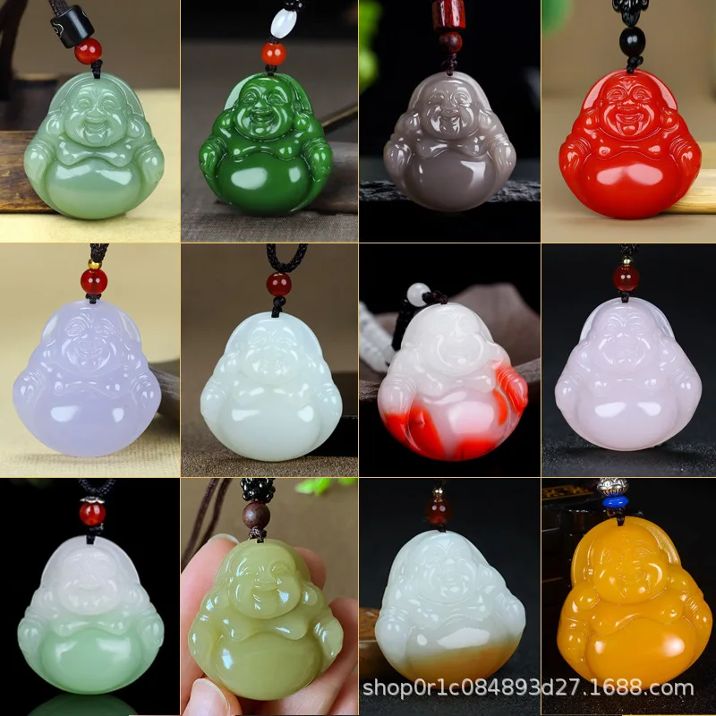 Hetian jade Maitreya jade pendant necklace men and women yellow mouth material end yellow white green red smiling Buddha pendant