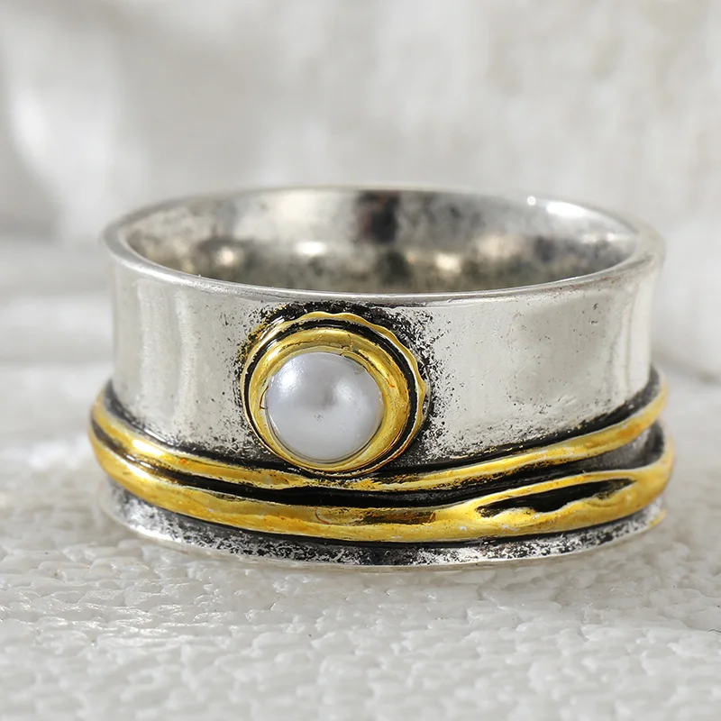 Vintage Two Tone Wide Edition Women's Ring Literary Retro Style Personalized Metal Ring Bohemian Style Jewelry Accessory