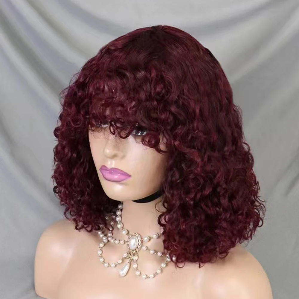 

Full Machine Wig With Bang 99J Wine Red Human Hair Wig 200% Density Water Wave Curly Wavy Bob Human Hair Wig for Black Women