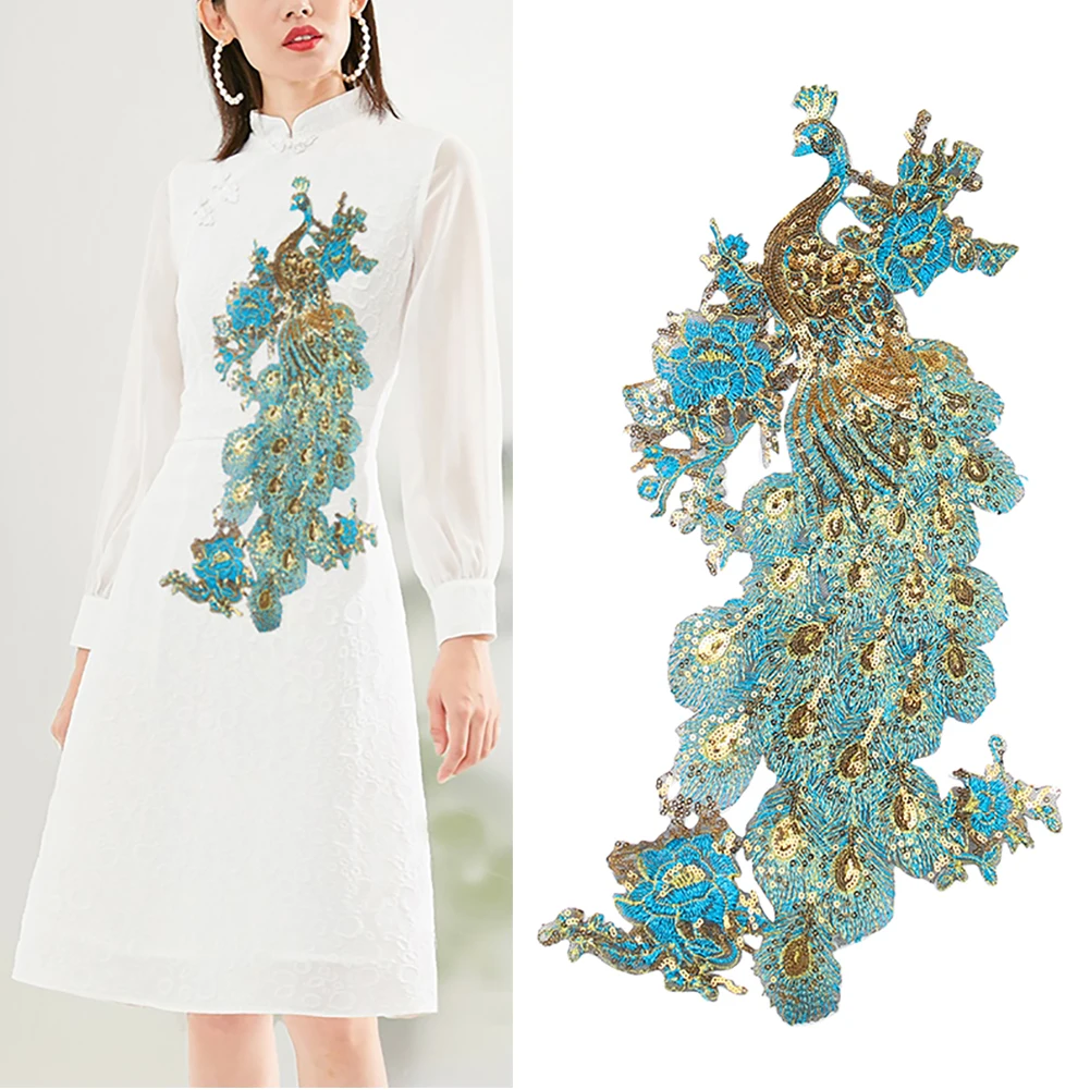 

1PC Elegant Large Embroidery Peacock Sequin Cloth Dress Clothes Sticker Flower Beads Decorative Decals Cheongsam Sewing Supplies