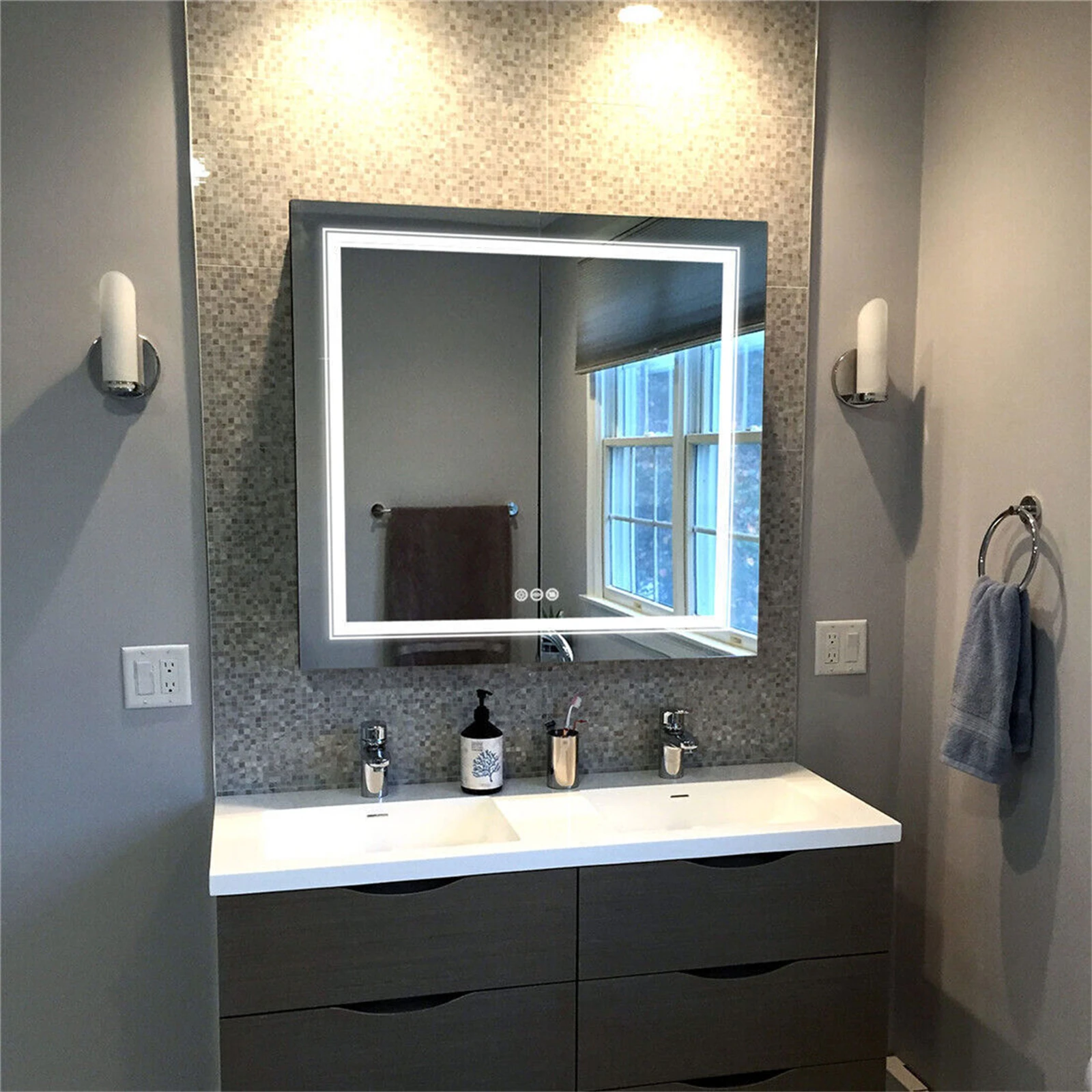 Square Wall Mirror LED Bathroom Mirror with Dimmable Lighted Touch Sensor and Demister Pad IP65 Waterproof Backlit + Front Light