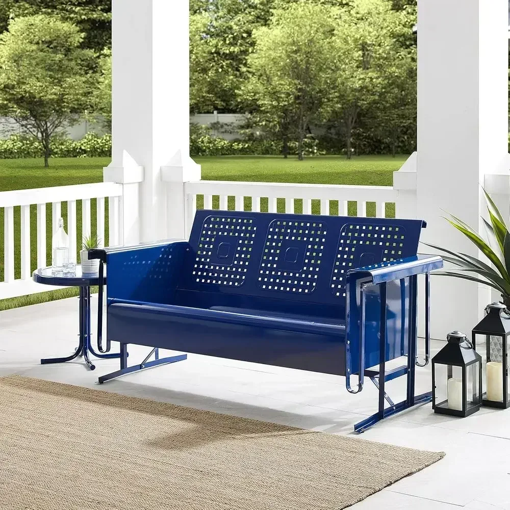 Bates Retro Metal Outdoor Soa Glider, 3-Person Rocking Patio Bench or Porch, Deck, Navy Gloss