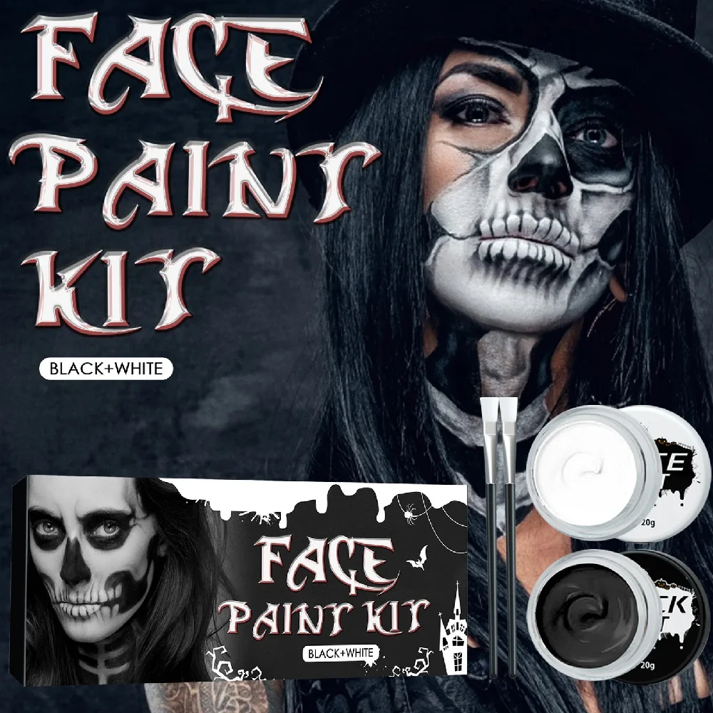 2PCS Halloween Face Painting Kit Highly Pigmented Face Body brus Paint Black and White for DIY Cosplay Theme Parties Body Makeup