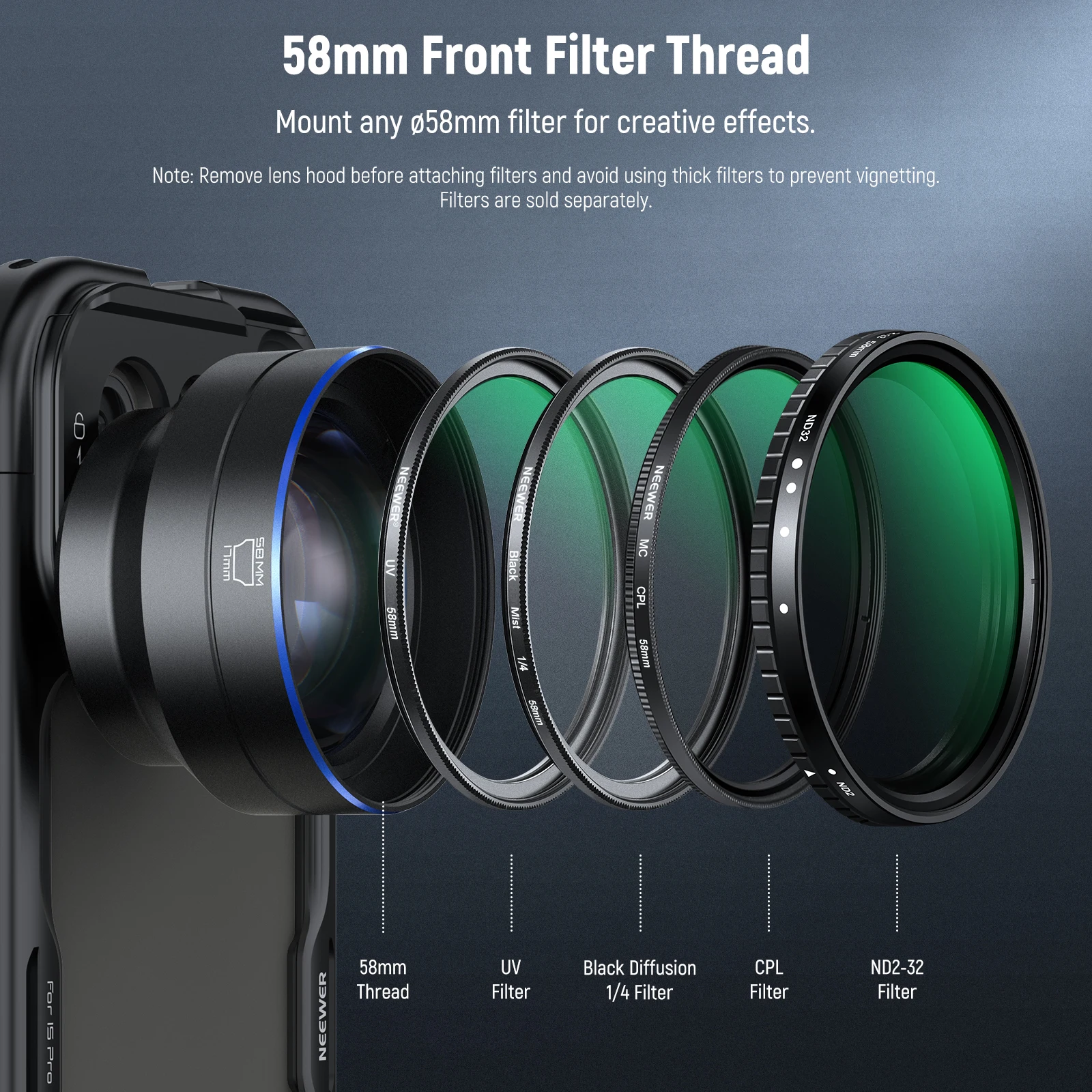 NEEWER HD 65 mm Teleobjektiv mit Gegenlichtblende für Telefonkäfighülle, 1,7-faches Zoomobjektiv für iPhone 16 15 S25 S24 Ultra