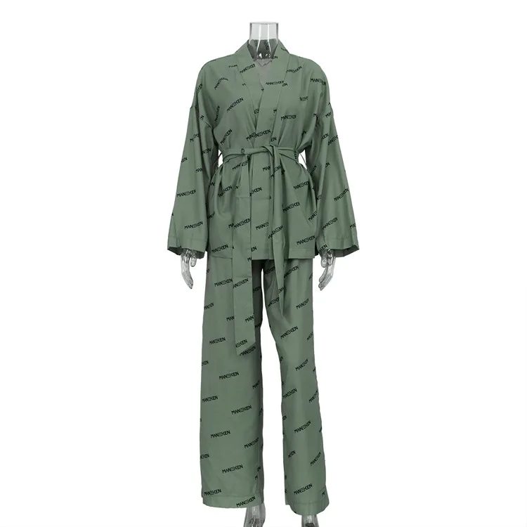 Printing Female Pajamas 2 Piece Suit Long Sleeve Lace Up Sleepwear Sexy V-Neck Nightgowns Pants Casual Nightwear Sets