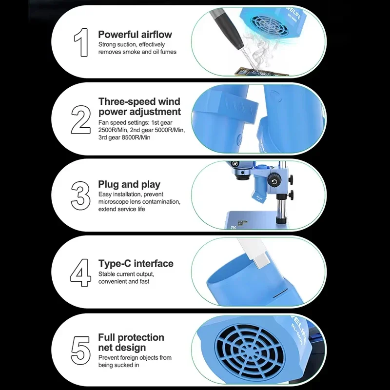 RELIFE RL-6600 Powerful Microscope Smoke Extractor Type-C Mobile Phone Welding Repair Oil Fumes Oil Fumes Exhaust Fan Tool view 4