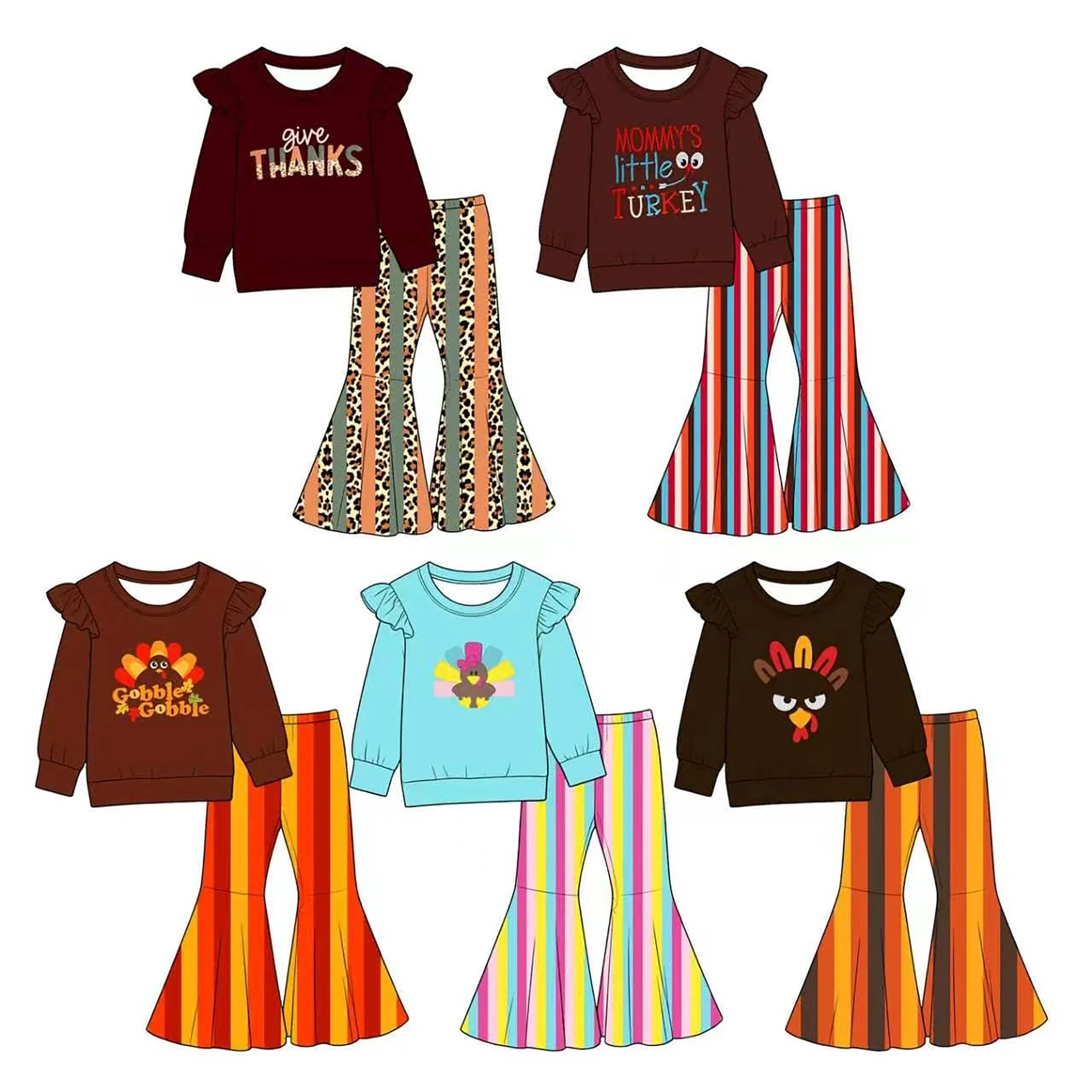 Boutique Girls Thanksgiving Outfit  Long Sleeve Turkey Flare Pants Set Baby Jumpsuit  Long Sleeve Striped Girls Dress
