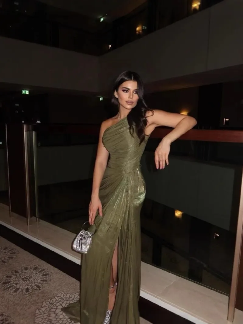 Luxury Party Dress Maxi Gown Women's Casual Green Elegant Single Shoulder Evening Dresses With Bow Summer Women's Clothing view 3
