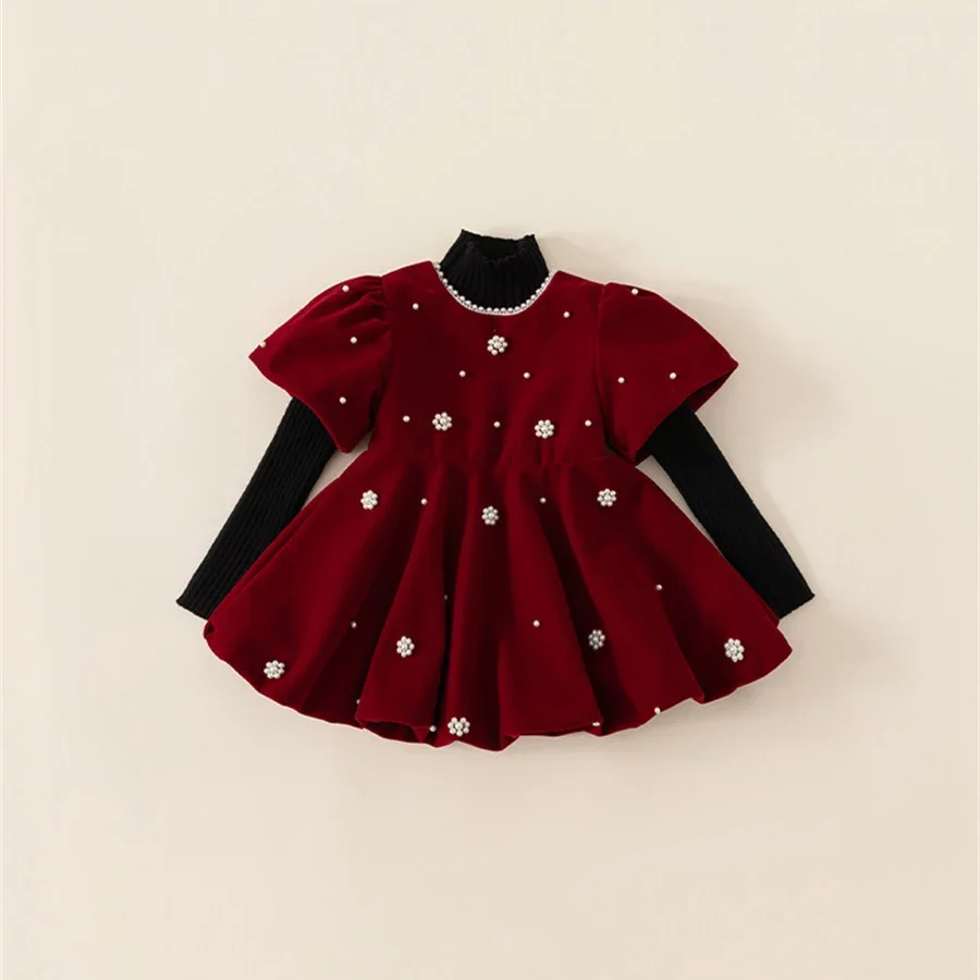 

O-neck Floral Pattern Puff Sleeve Princess Vestido 1-8Y Child Christmas Party Dress Cute Velvet Red Dress for Kids Girls Beading