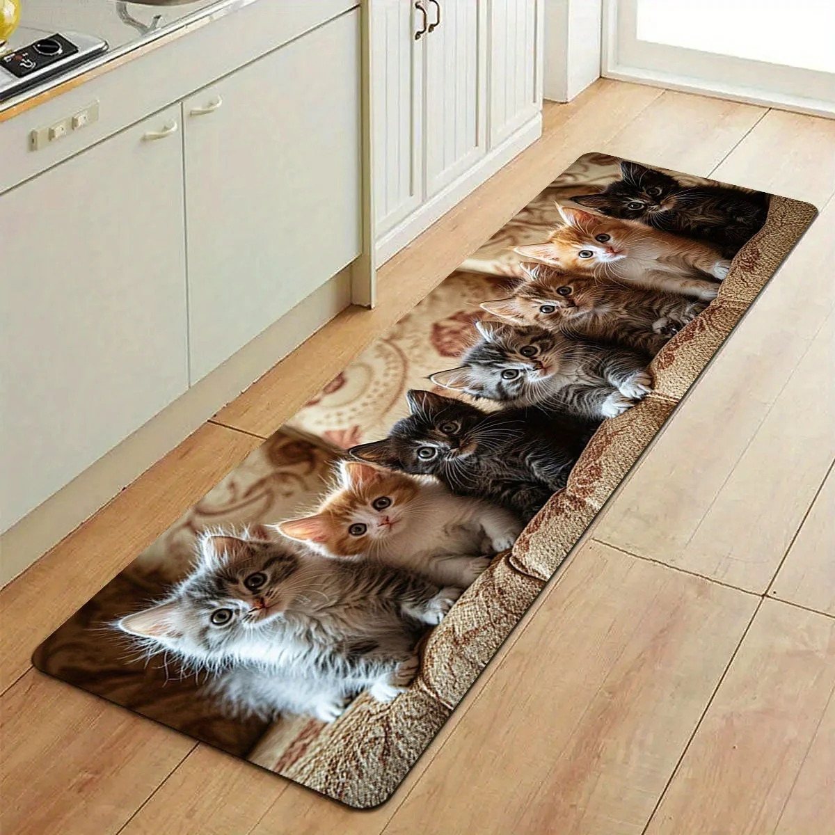 Sweet Little Kitten Runner Rug Lovely Multi Colored Fluffy Kitty Pet Portrait Art Printed Long Floor Mat for Household Space