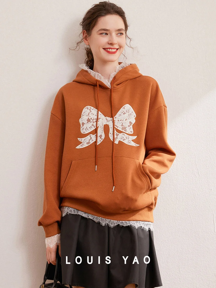 

LOUIS YAO 2024 Winter Butterfly Tie Embroidered Hoodie Fashion Hoodie Loose Thick Long Sleeve Women's Hoodie