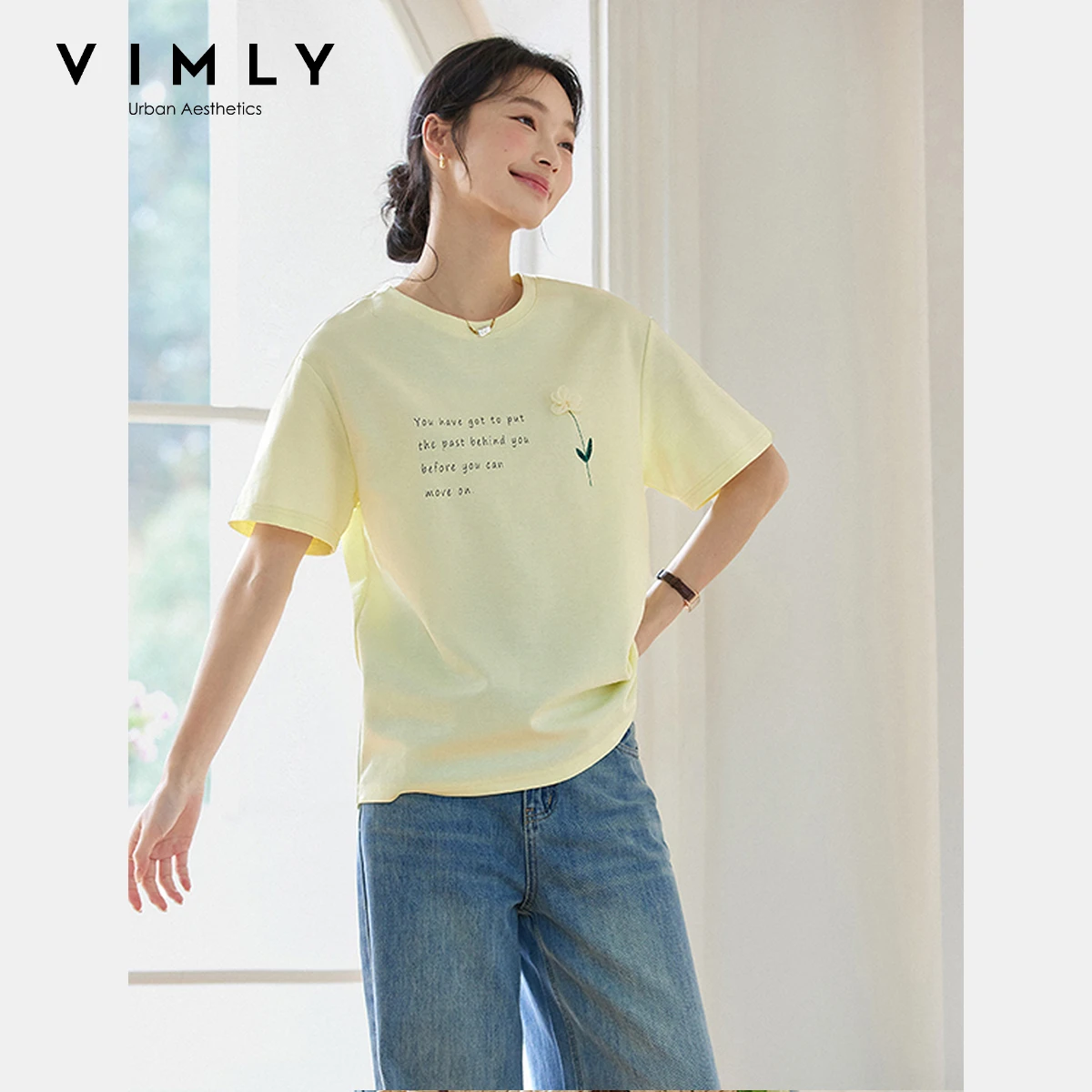 

VIMLY Summer Printed Short Sleeve T-shirt Women 2025 Fashion Three-dimensional Flower Summer Top Female Tee Woman Clothing A1398