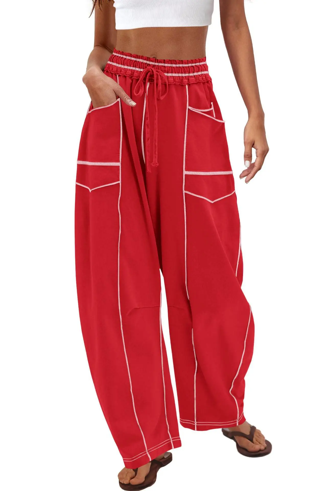 Calças pantalones mujer ropa inviernopara mujeres pantalons estilo cordão versátil calças casuais femininas soltas calças de perna larga