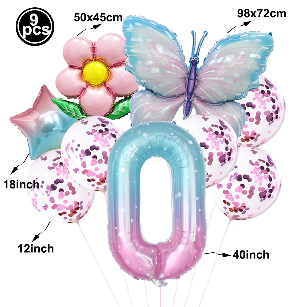 9pcs Butterfly Number Balloons Set 5th Birthday Decor for Girls Butterfly Themed Birthday Party Wedding Baby Shower Decors