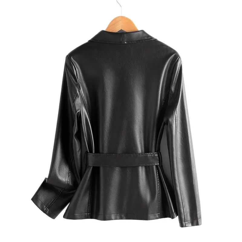 Elegant Versatile.This Autumn Waist-cinching Slimming Short Women's Leather Jacket with A Lapel Tie Is Suitable for Commuting.