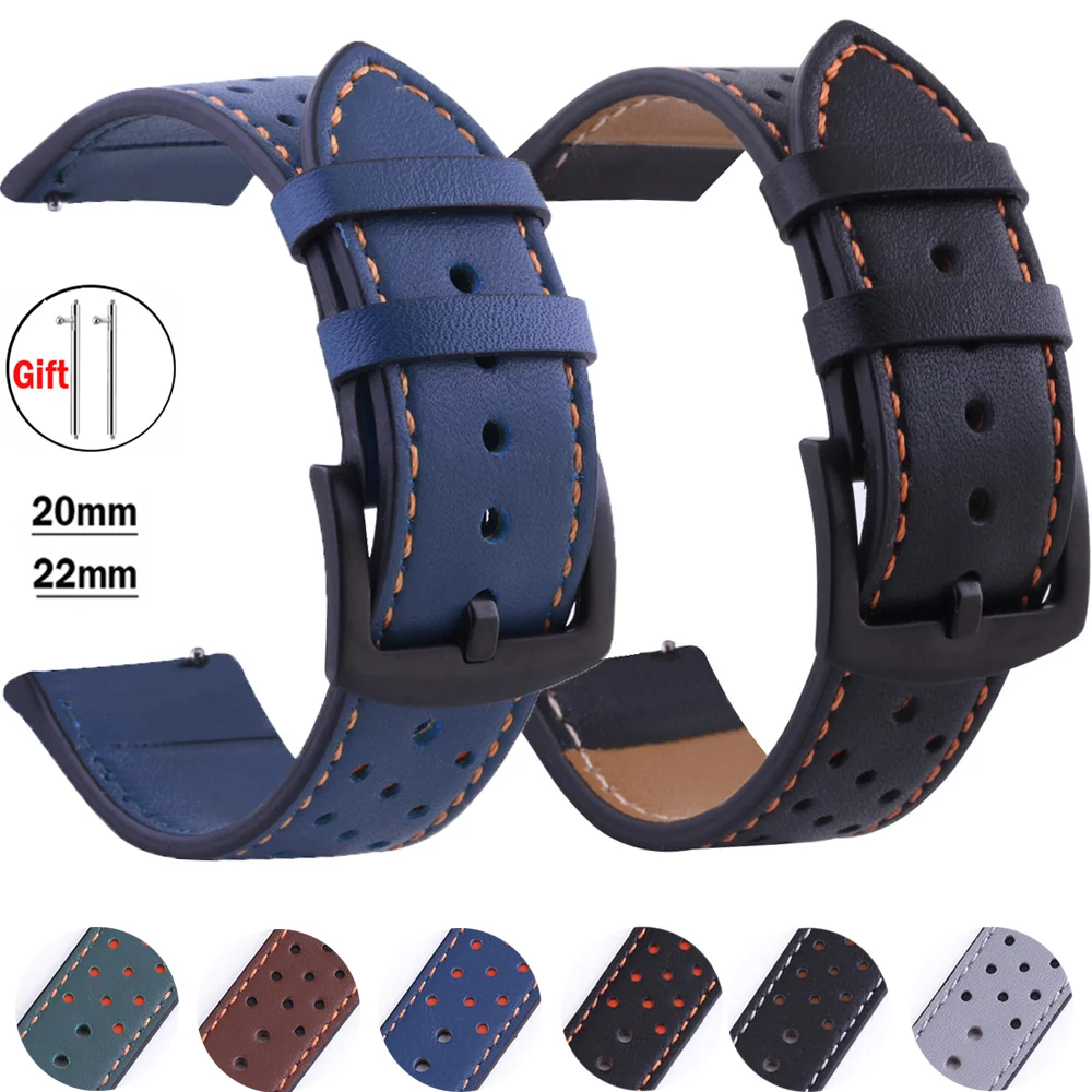 Correa de cuero para Samsung galaxy watch 6, 5/pro/4-6 Classic/Active 2, pulsera genuina de 20/22mm, Huawei gt, Amazfit gts-gtr-3-2e