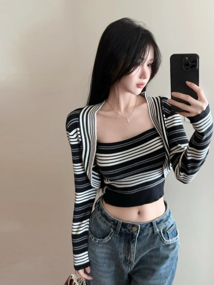 الكورية Faion ريترو مخطط اللون بلو طويل Sve صديرية دائرية سترة قطعتين مجموعة المرأة سليم صالح محبوك سترة سترة