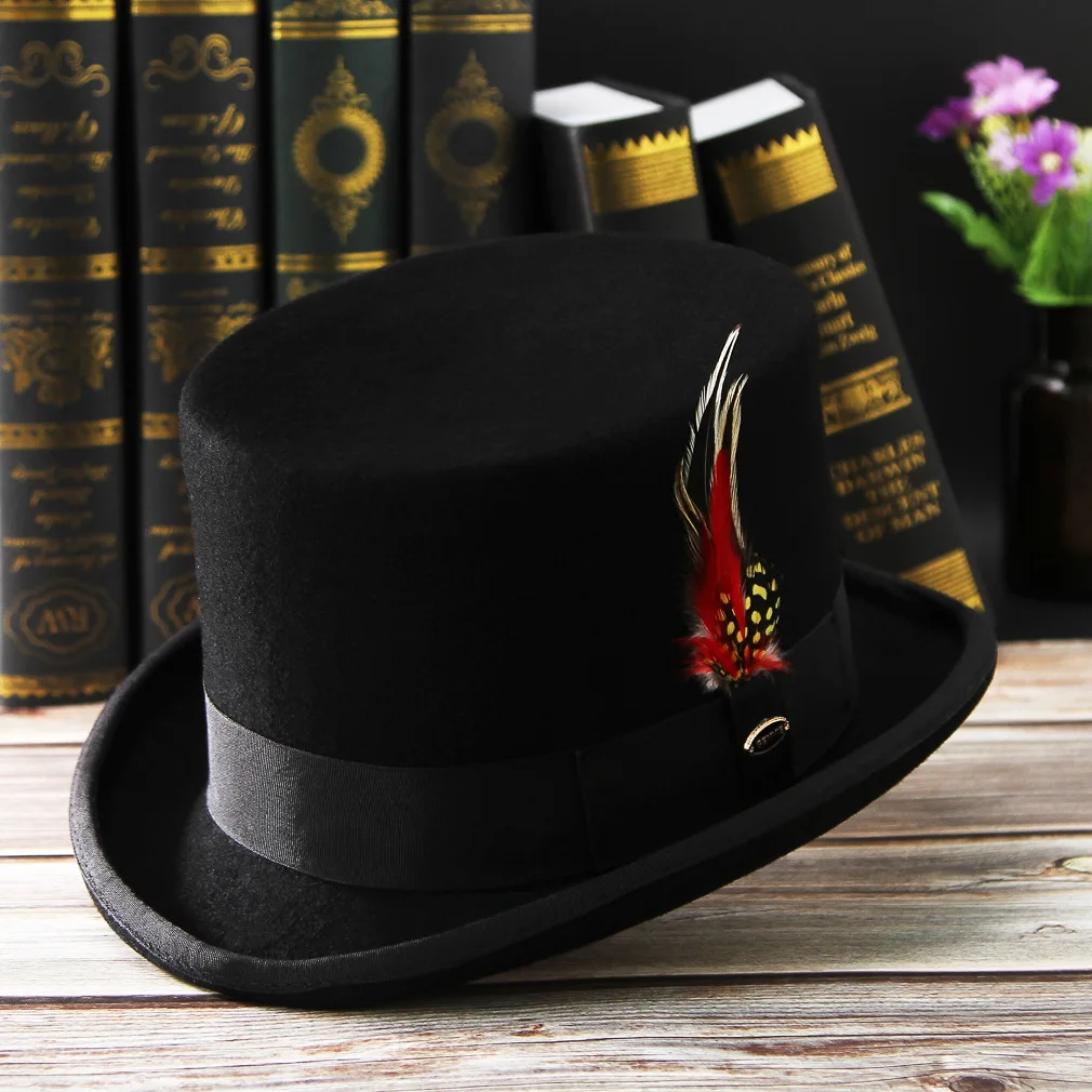 Men Hat 100% Wool Presidential Hat Unisex Top Show Gentleman Bowler Hat Black Red Magic Hat Fashion DIY Feather Accessories