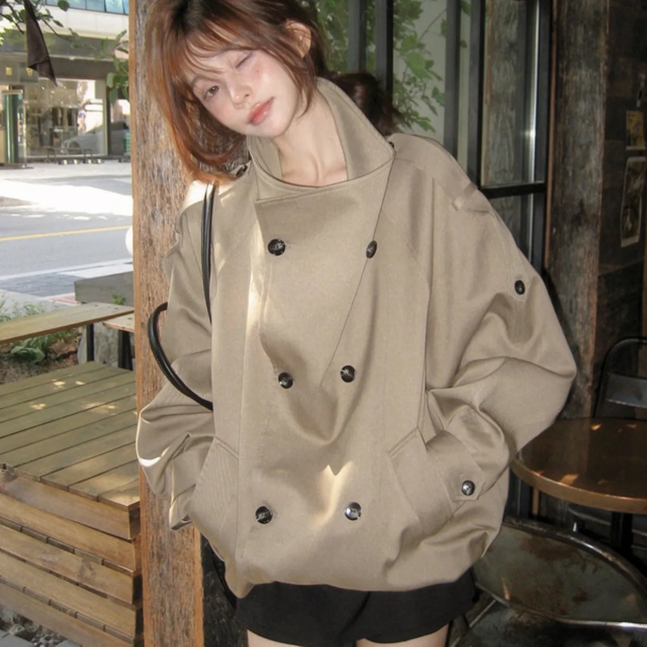 Early Autumn Loose Korean Style Chic Windbreaker Double Row Button Notched Collar Outfit for Small Figures Polyester Fiber