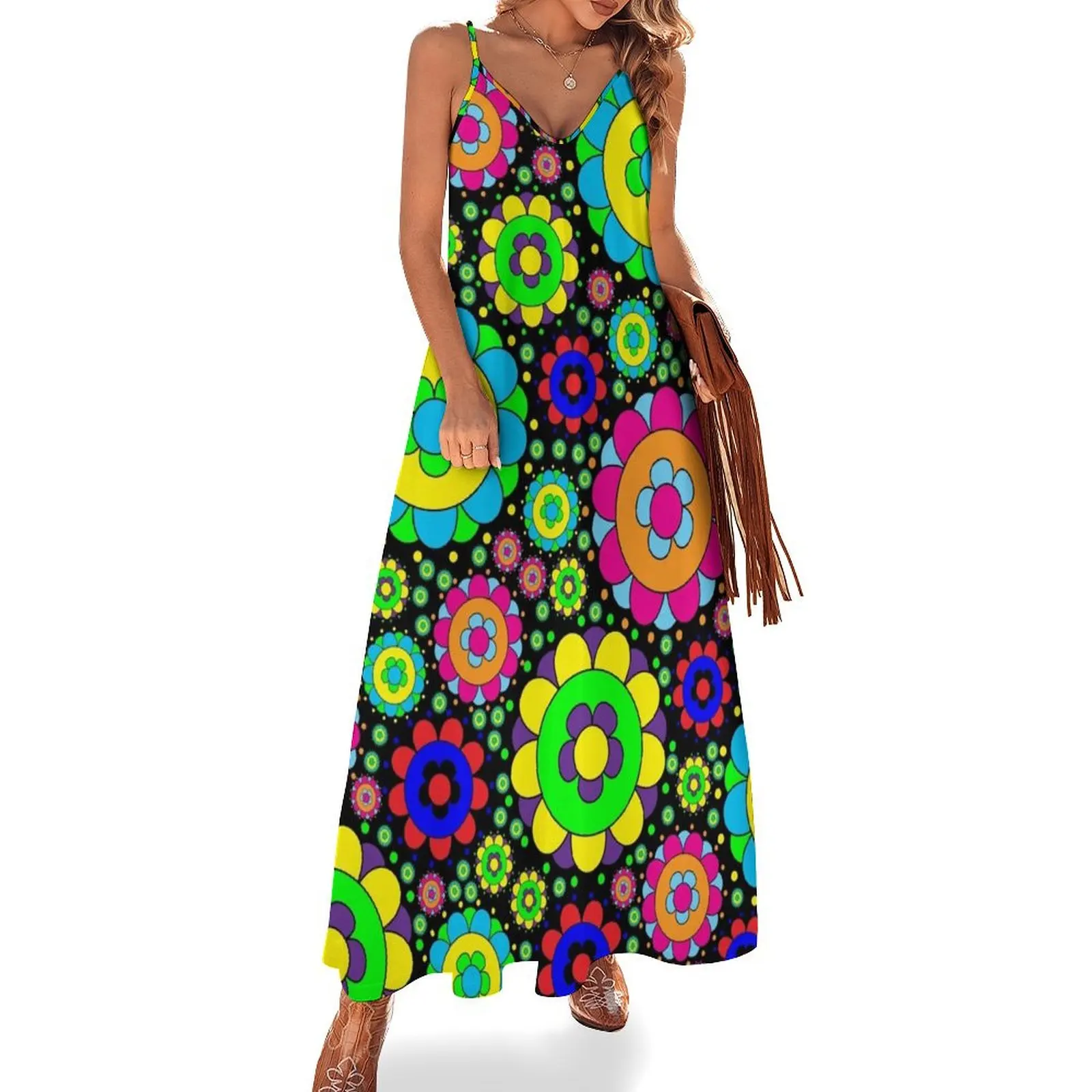 

Flower Power Vintage 60s 70s Hippie Retro Flowers Sleeveless Long Dress Woman fashion chic and elegant evening dress Dress