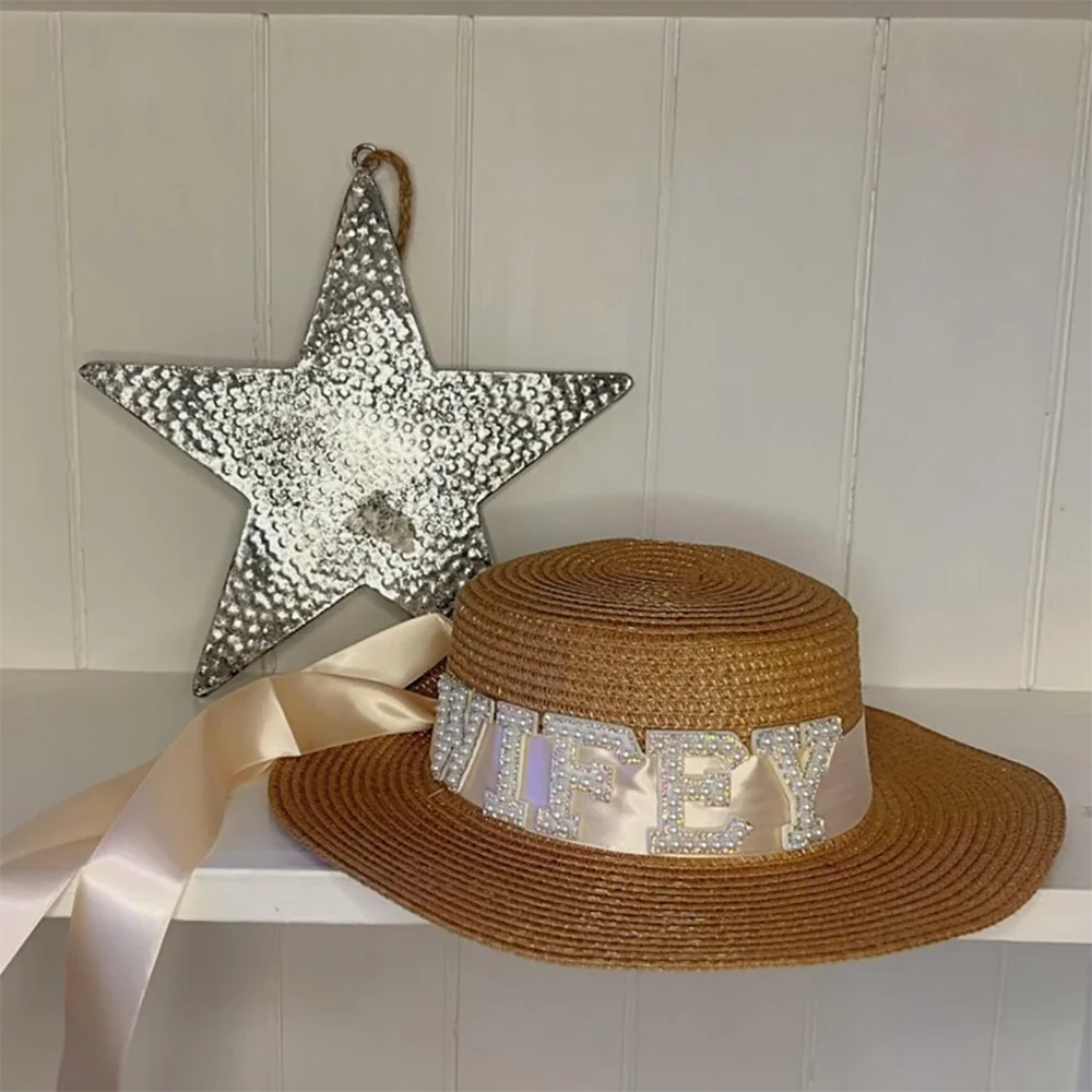 1 Stück Wifey Perlen-Buchstaben-Sonnenhut für Junggesellinnenabschied, Brautparty, Strand, Pool, Hochzeit, Flitterwochen, Geschenk, Urlaub, Accessoire – Detail 3