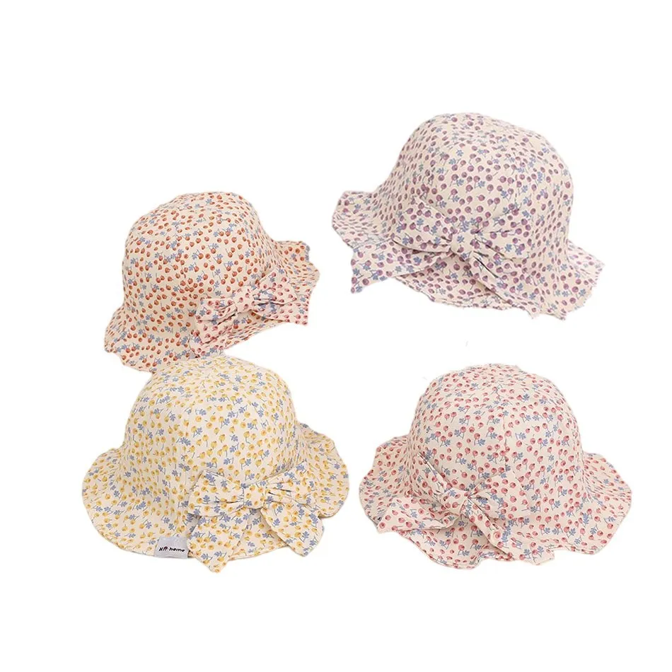 Summer Sunshade Basin Caps Toddler Fashion Sun Hat For Baby Girls Cotton Soft Printed Bow Ruffle Bucket Hat 0-2Years