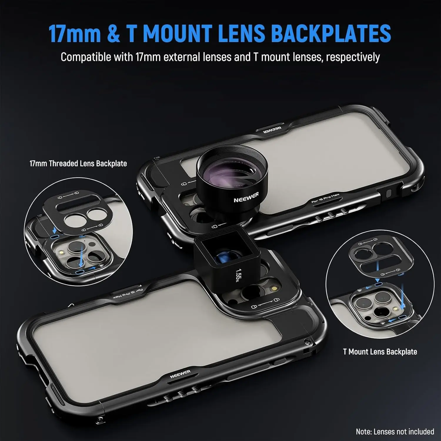 NEEWER Quick Release Cage Video Rig z mocowaniem T Mount, adapterem filtra 67mm, płytką tylną obiektywu 17mm do iPhone 16 Pro/16 Pro Max — zdjęcie produktu 4