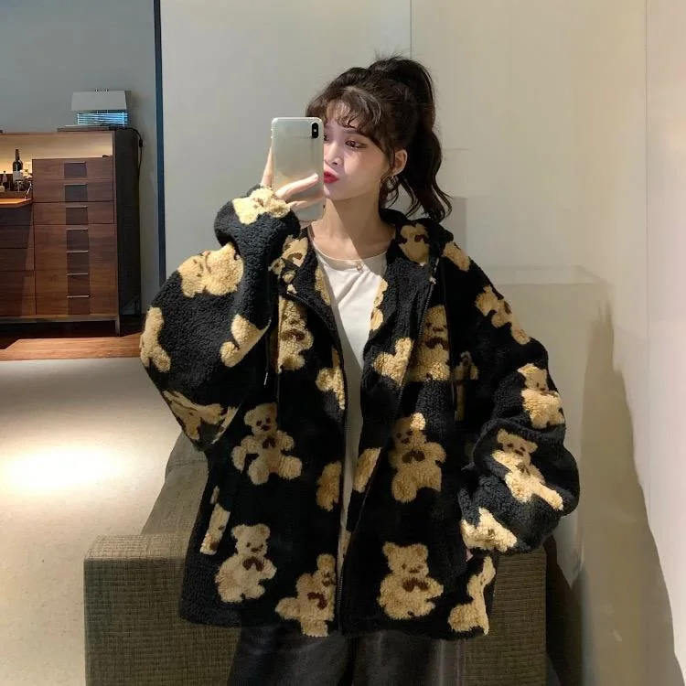 

Harajuku Bear Teddy Print Plush Jacket Women Winter 2024 Female Korean Fluffy Hooded Coat Thick Warm Couple Streetwear Outerwear