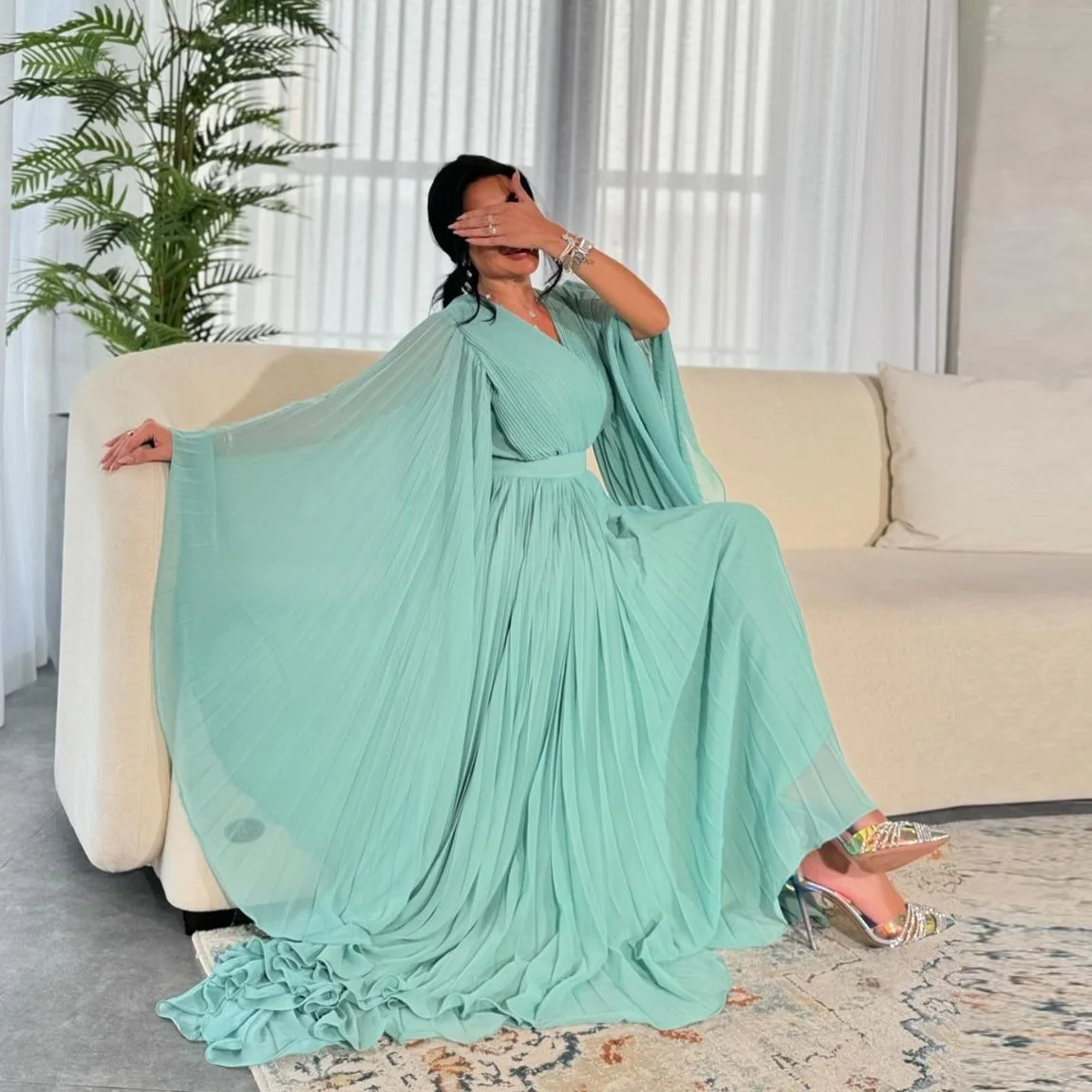 MQ157 Muslim Fashion Dubai Elegant Long Dress Big Swing Chiffon Folded Solid Color Robe