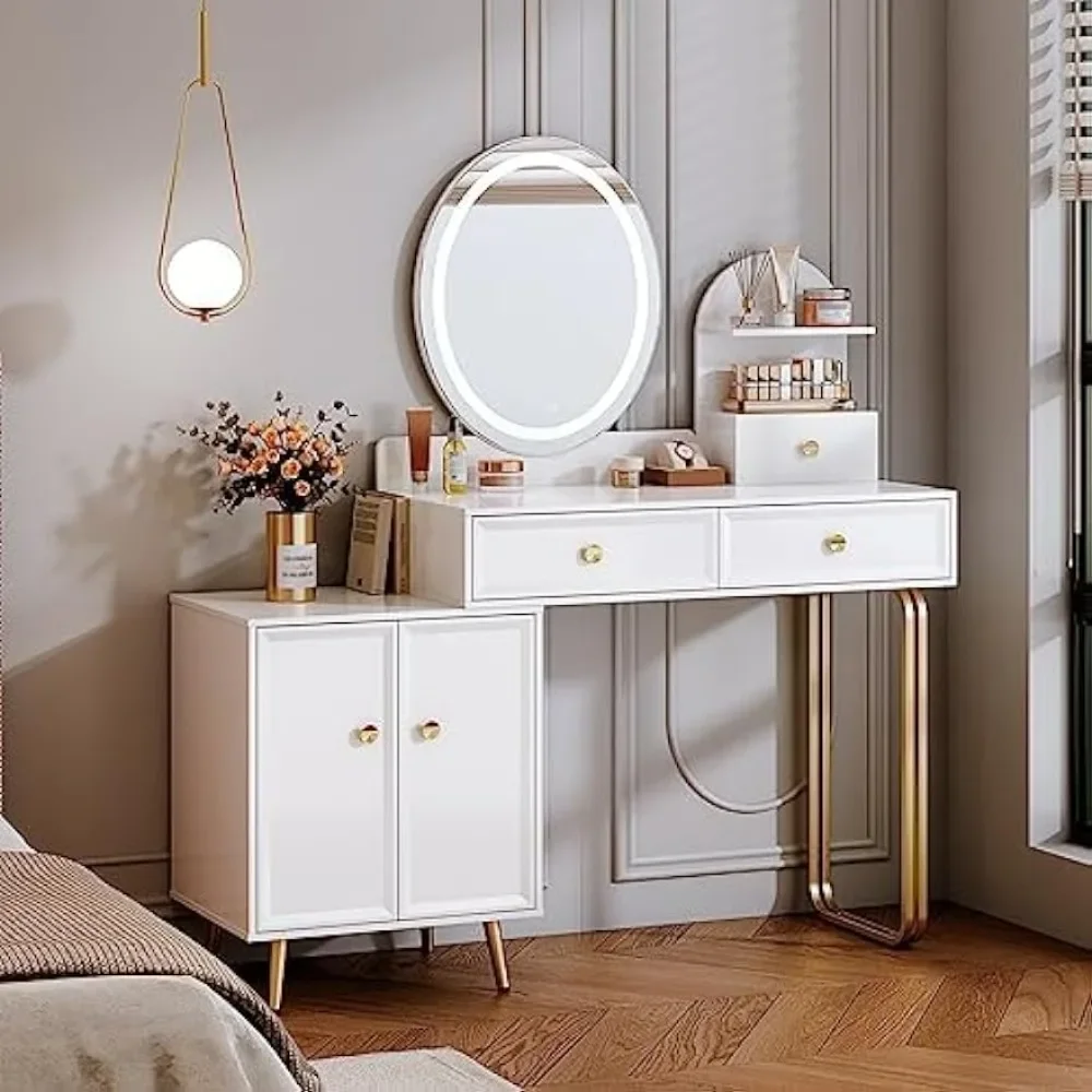 

White Modern Vanity Desk,Retractable Makeup Vanity,with Mirror and 2 Spacious Drawers,Makeup Desk with Cabinet